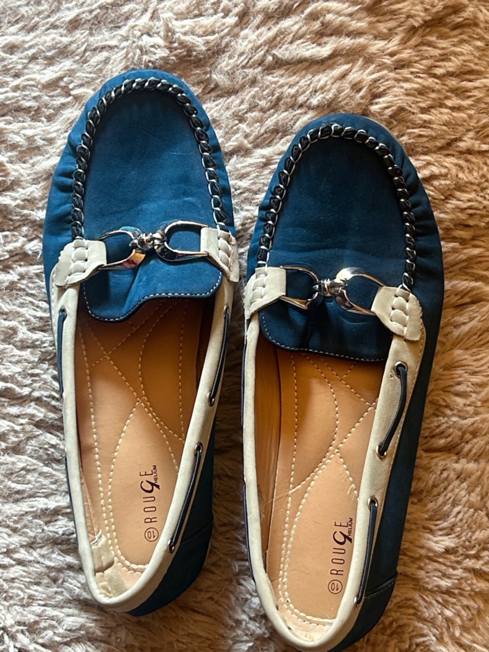 Rouge Helium Navy and Cream Chain-Trim Loafers with Horsebit Accent